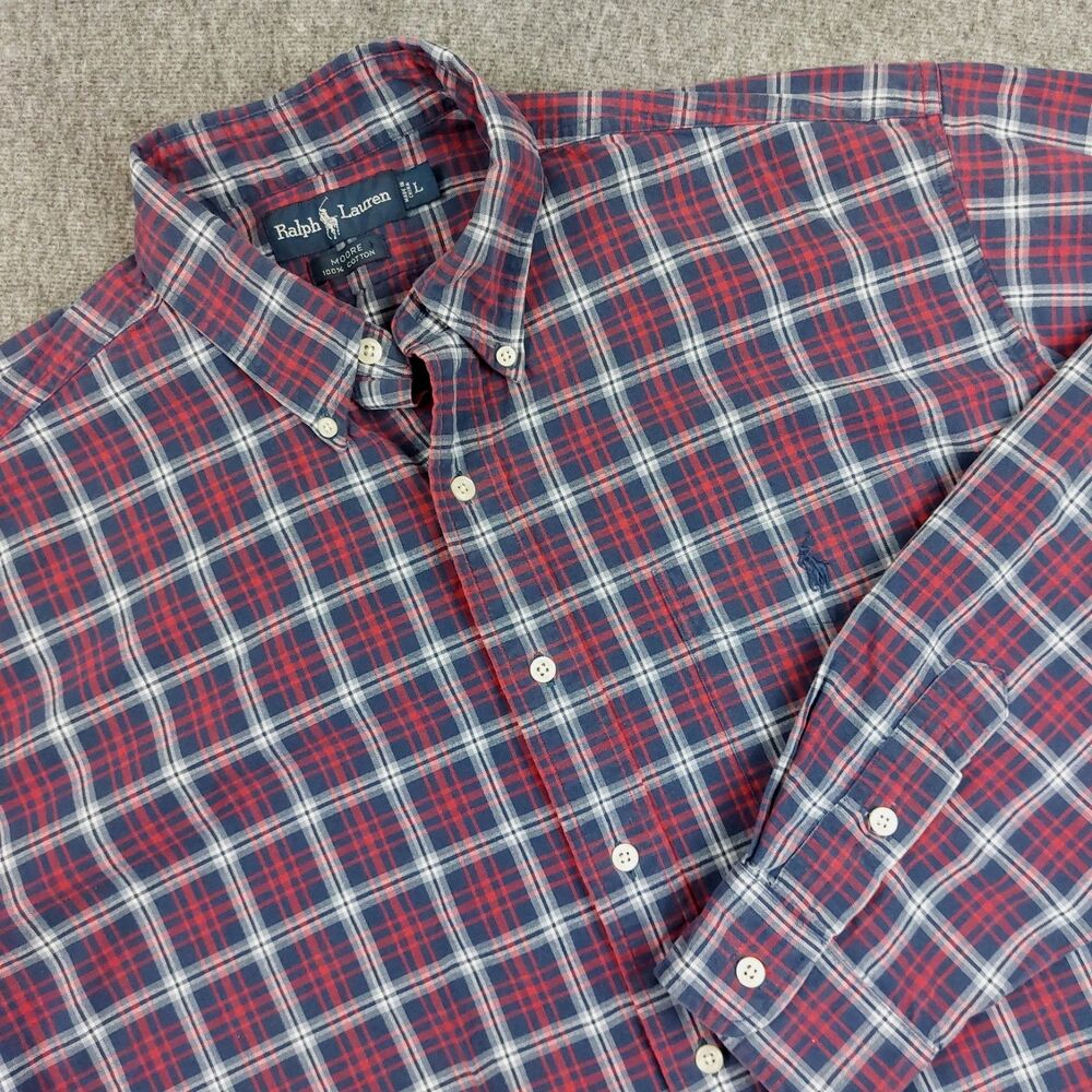 Ralph Lauren Moore Men's Large Red Navy Plaid Long Sleeve Button Down Shirt